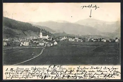 AK Oberstaufen /Bay., Gesamtansicht mit Bergpanorama