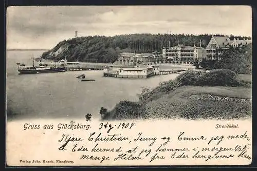 AK Glücksburg, Blick aufs Strandhotel mit Dampfer