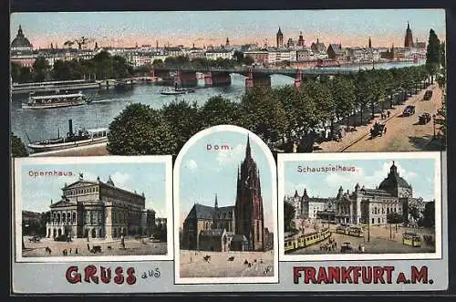 AK Frankfurt, Ortsansicht, Opernhaus, Dom, Schauspielhaus mit Strassenbahn