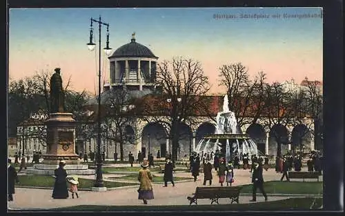 AK Stuttgart, Belebte Szene auf dem Schlossplatz mit dem Kunstgebäude