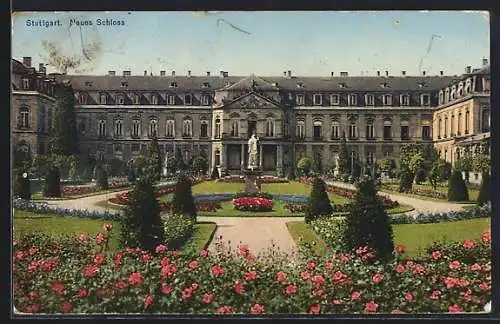 AK Stuttgart, Blick aufs Neue Schloss mit blühender Gartenanlage