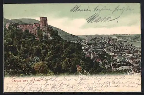 AK Heidelberg, Blick auf Burg und Ortschaft