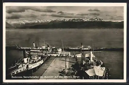 AK Friedrichshafen a. B., Dampferhafen mit Aussicht auf die schweizer Berge