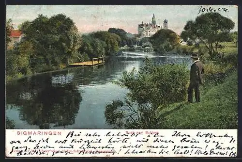 AK Sigmaringen, Blick zum Schloss, Herr am Flussufer