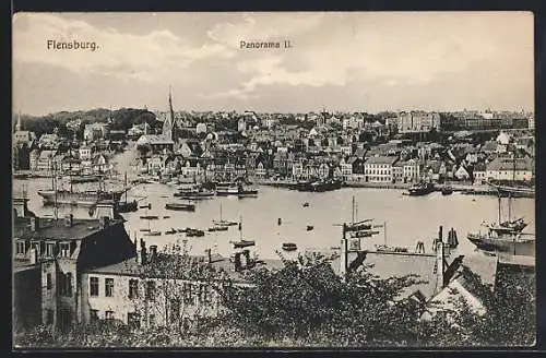 AK Flensburg, Panorama mit Dampfer