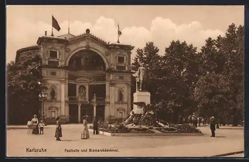 AK Karlsruhe, Festhalle mit Bismarckdenkmal