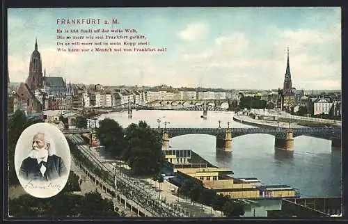 AK Frankfurt /Main, Portrait Friedrich Stoltze, Dom, Dreikönigs-Kirche, Alte Brücke, Eiserner Steg