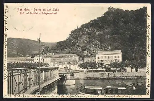 AK Bad Ems, Partie an der Lahn, Bäderlei und Kriegerdenkmal