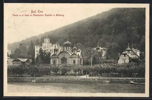 AK Bad Ems, Lahnpartie mit Russ. Kapelle u. Malberg