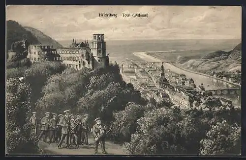 AK Heidelberg, Gesamtansicht mit Schloss und Spaziergängern