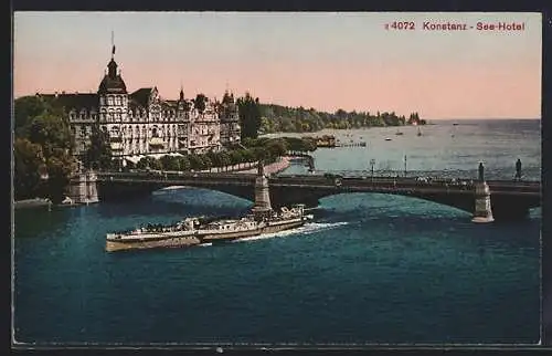 AK Konstanz, See-Hotel, Brücke mit Dampfer