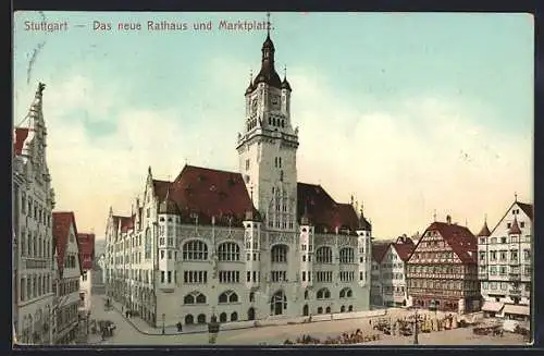 AK Stuttgart, Das neue Rathaus und Marktplatz