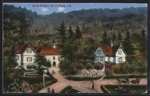 AK Sankt Ottilien bei Freiburg, Ortsansicht mit Kirche, dahinter Wald