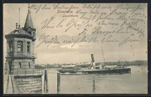 AK Konstanz, Blick auf den Leuchtturm mit Dampfer