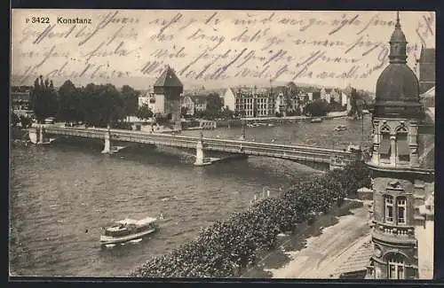 AK Konstanz, Blick aufs Wasser mit Dampfer