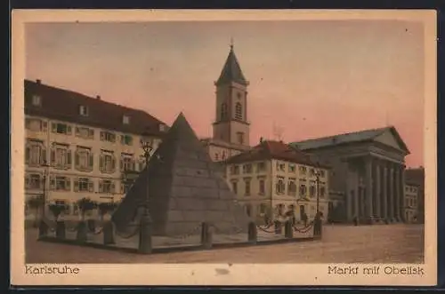 AK Karlsruhe, Markt mit Obelisk