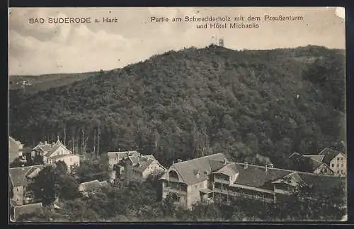 AK Bad Suderode a. Harz, Partie am Schwedderholz mit dem Preussenturm und Hôtel Michaelis