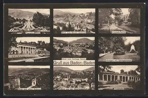 AK Baden-Baden, Kurpark, Kurhaus, Blick von der Oberrealschule, Trinkhalle