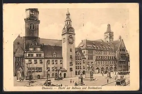 AK Chemnitz, markt mit Rathaus und Denkmälern