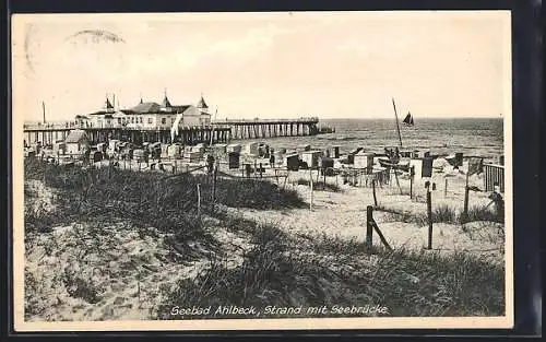 AK Ahlbeck / Seebad, Strand mit Seebrücke