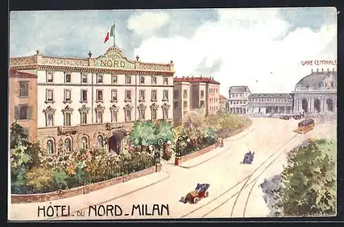 Künstler-AK Milan, Hotel du Nord, Strassenbahn