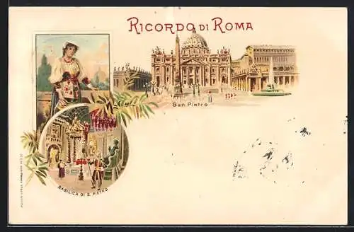 Lithographie Roma, San Pietro, Basilica di S. Pietro, Soldat d. Schweizer Garde, Römerin in Tracht