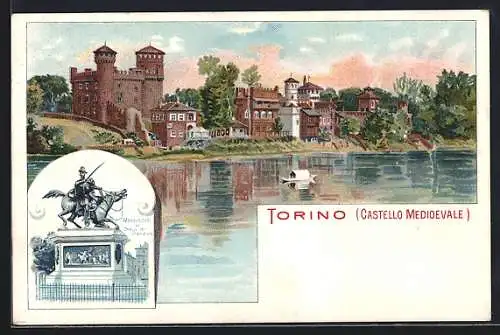 Lithographie Torino, Castello Medioevale, Monumento ai Duco di Genova