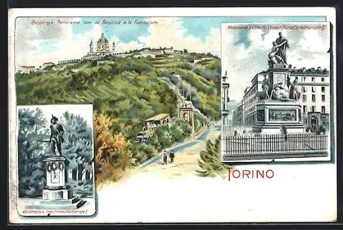 Lithographie Torino, Superga Panorama con la Basilica e la Funicolare, Monumento a Camillo Cavour, Monumento a Lamarmora