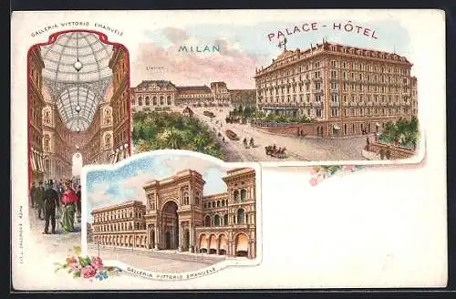 Lithographie Milan, Galleria Vittorio Emanuele, Palace-Hotel