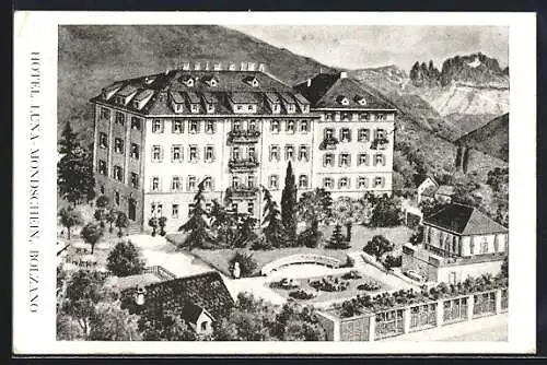 Künstler-AK Bolzano, Hotel Luna-Mondschein aus der Vogelschau