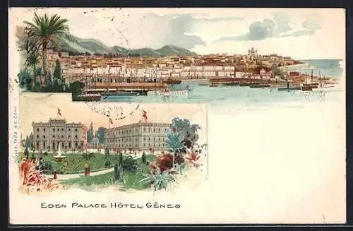 Lithographie Genes, Eden Palace Hotel, Blick über den Hafen auf die Stadt