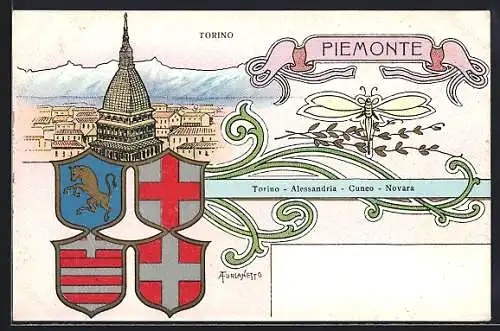 Künstler-AK Torino /Piemonte, Panorama, Wappen