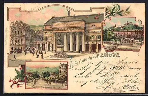 Lithographie Genova, Teatro Carlo Felice, Palazzo Doria, Narvi & Via Vittorio Emanuele