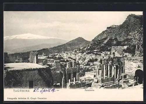 AK Taormina, Panorama mit Ausgrabungen und Ätna