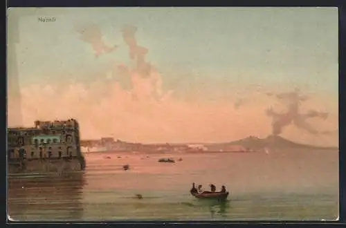 Künstler-AK Neapel, Panorama vom Wasser mit Bootspartie