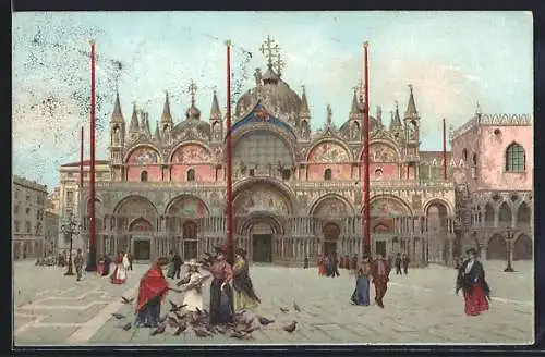 Künstler-AK Venedig, Markusdom am Markusplatz, Damen bei der Taubenfütterung