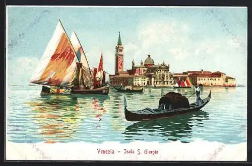 Lithographie Venezia, Isola S. Giorgio, Gondel, Segelboot