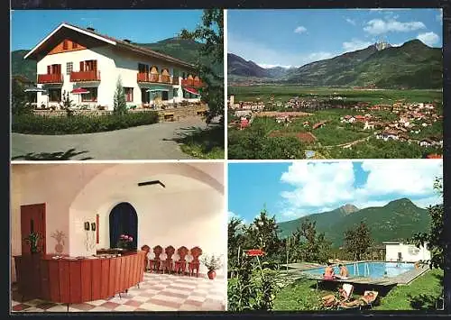 AK Lana bei Meran, Panoramaansicht der Stadt, Pension Ausserdorfer, an der Rezeption, am Pool