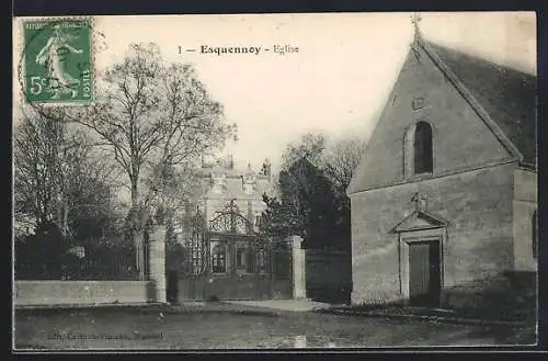 AK Esquennoy, Église, Kirche und Eingangstor im Vordergrund