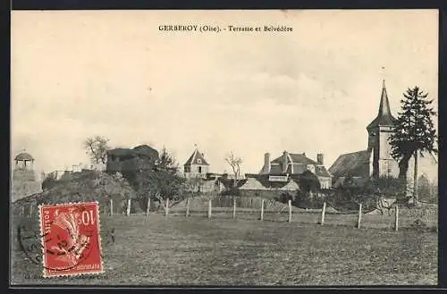 AK Gerberoy, Oise, Terrasse et Belvédère, Blick auf Häuser und Kirche