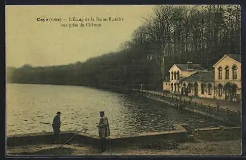 AK Coye, Oise, L`Étang de la Reine Blanche vue prise du Château, zwei Angler am Ufer