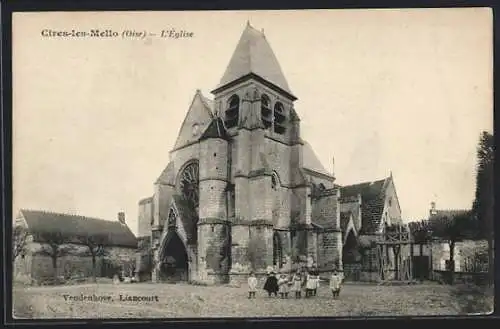 AK Cires-lès-Mello, Oise, L`Église, Kirche mit Personen im Vordergrund