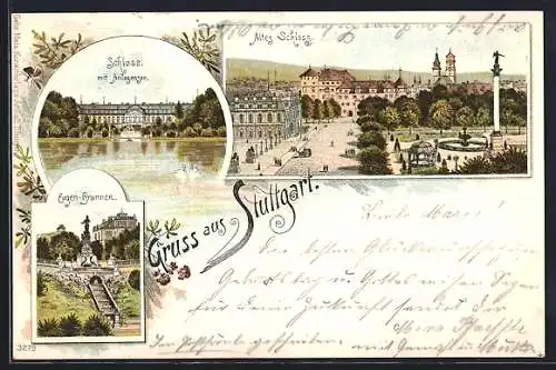 Lithographie Stuttgart, Der Eugen-Brunnen, das Schloss mit Anlagensee, das alte Schloss
