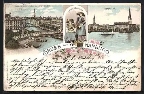 Lithographie Hamburg, Reesendamsbrücke und die Alsterarkaden, Alsterdamm und Vierländergruppe