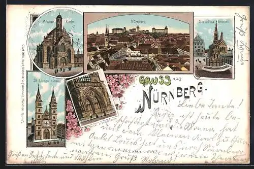 Lithographie Nürnberg, Frauenkirche, St. Lorenz-Kirche, Der schöne Brunnen