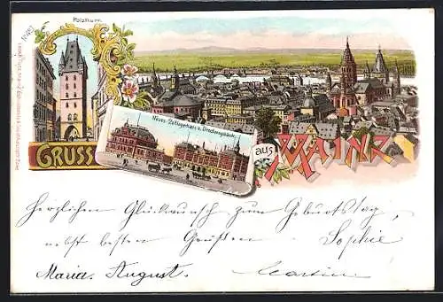 Lithographie Mainz, Centralbahnhof, Holzturm, neues Zolllagerhaus und Direktionsgebäude, Panorama um 1900