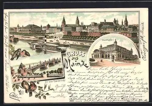 Vorläufer-Lithographie Mainz, 1895, Die neue Rheinbrücke, Stadthalle