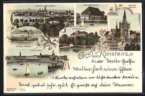 Lithographie Konstanz, Münster, Bodensee Dampfer, Landungssteg