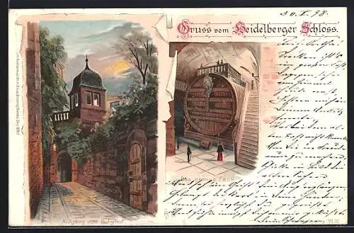 Lithographie Heidelberg, Burghof im Schloss, das grosse Fass