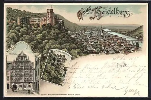 Lithographie Heidelberg, Ortsansicht, Hotel Ritter, gesprengter Thurm